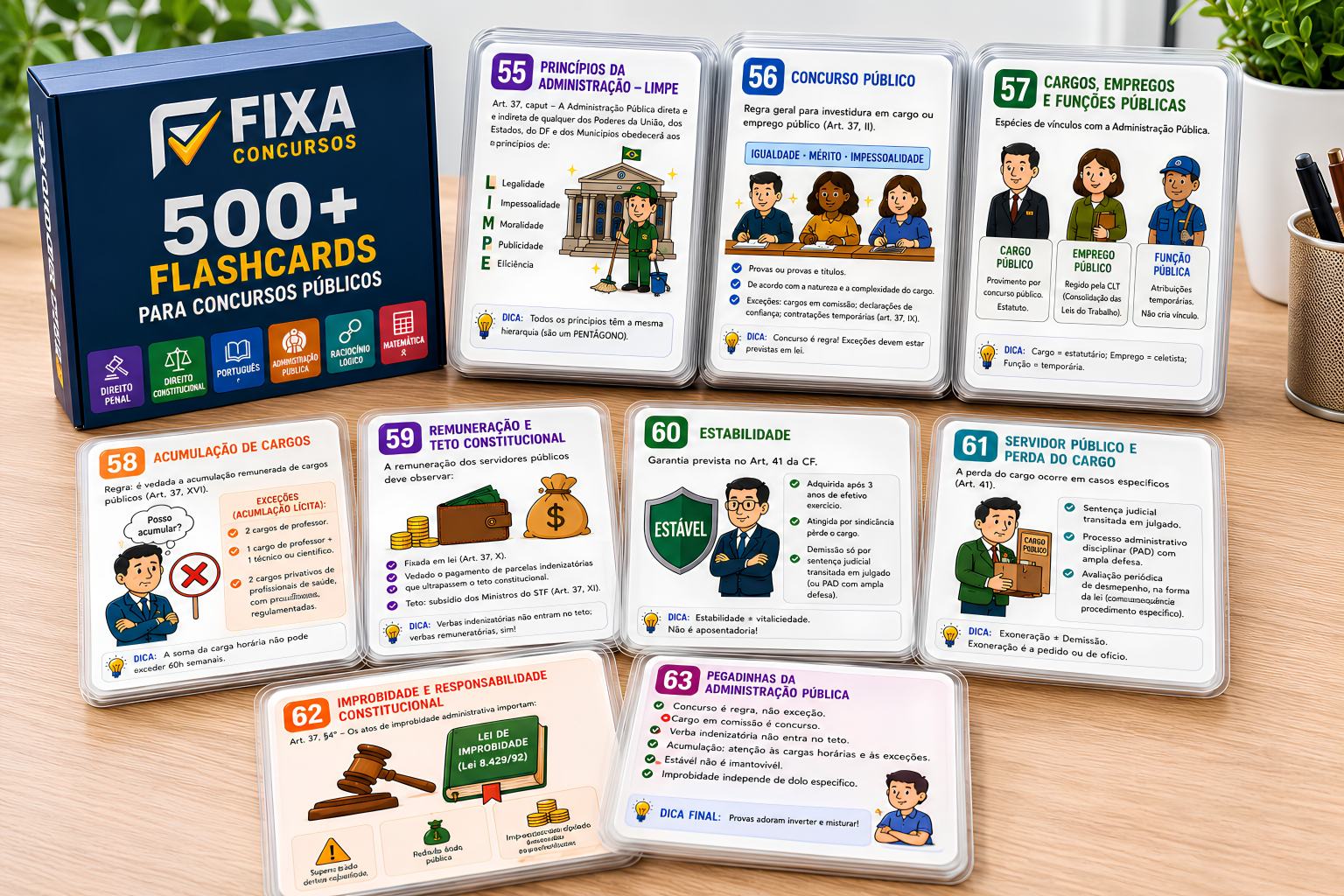 Caixa com mais de 500 flashcards Fixa Concursos e cards coloridos de várias matérias